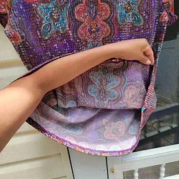 Brina & em Women's Short Sleeve Large Boho Clear Sequin Paisley Print Relaxed - Picture 8 of 9